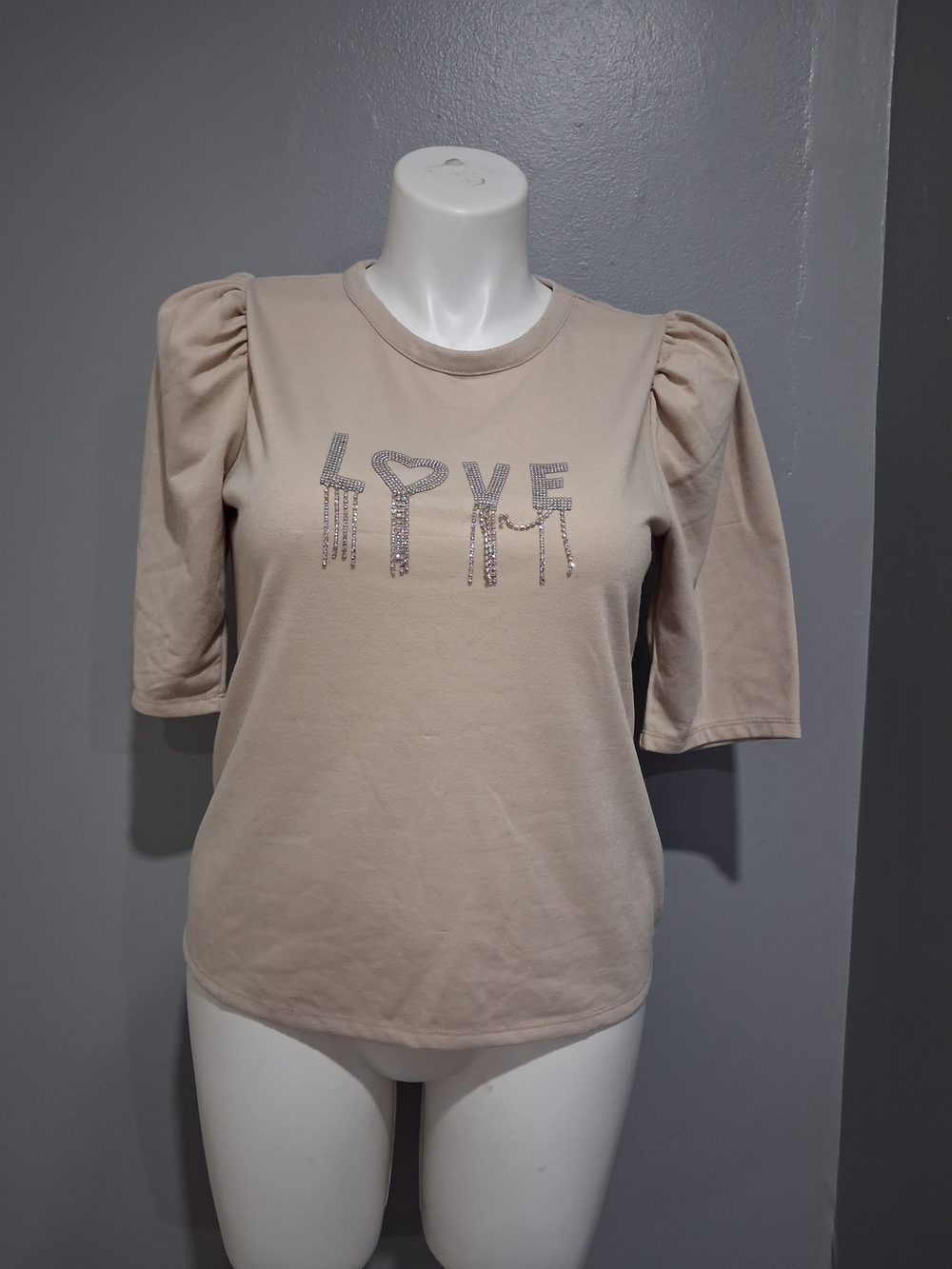 Beige Puff Sleeve Tee with 'LOVE' Rhinestone Detail
